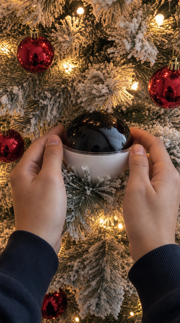 Hands holding the EverMemories Memory Orb in a Christmas tree